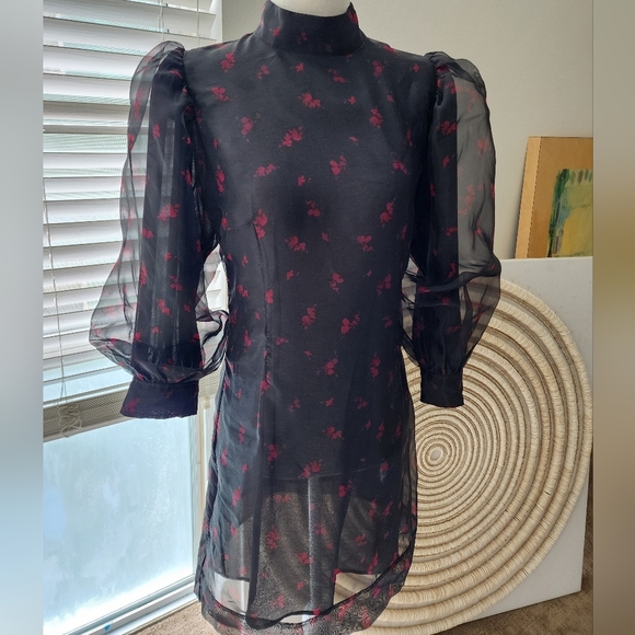 GANNI Puff Sleeve Organza Mini Dress sz. small Spring Cocktail Spring Dress - Picture 2 of 6